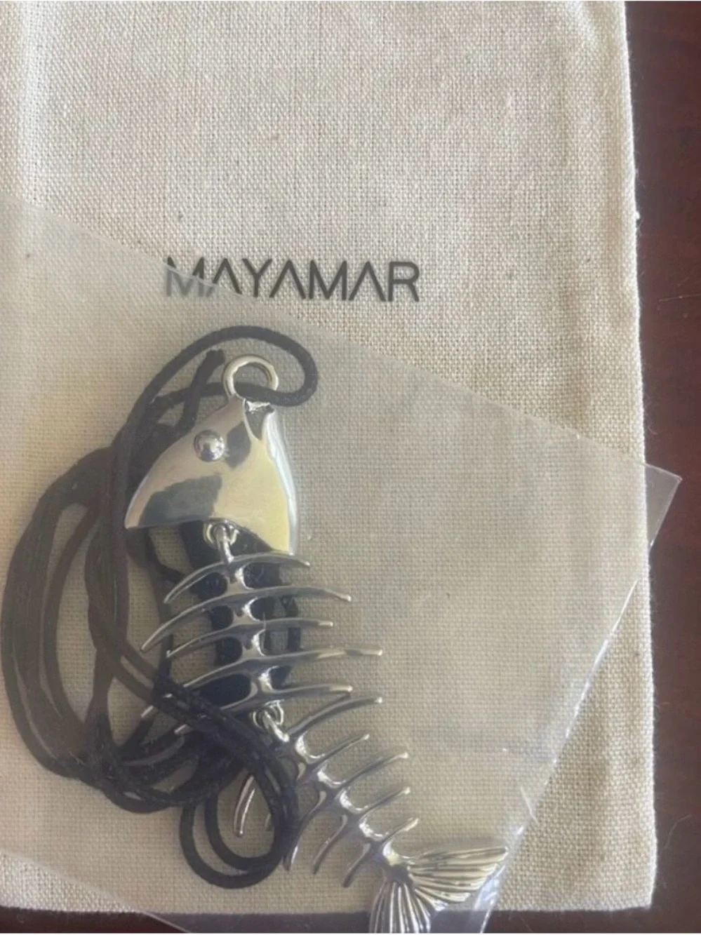 Silver Fishbone Pendant Necklace - Adjustable Black Cord by MAYAMAR New
